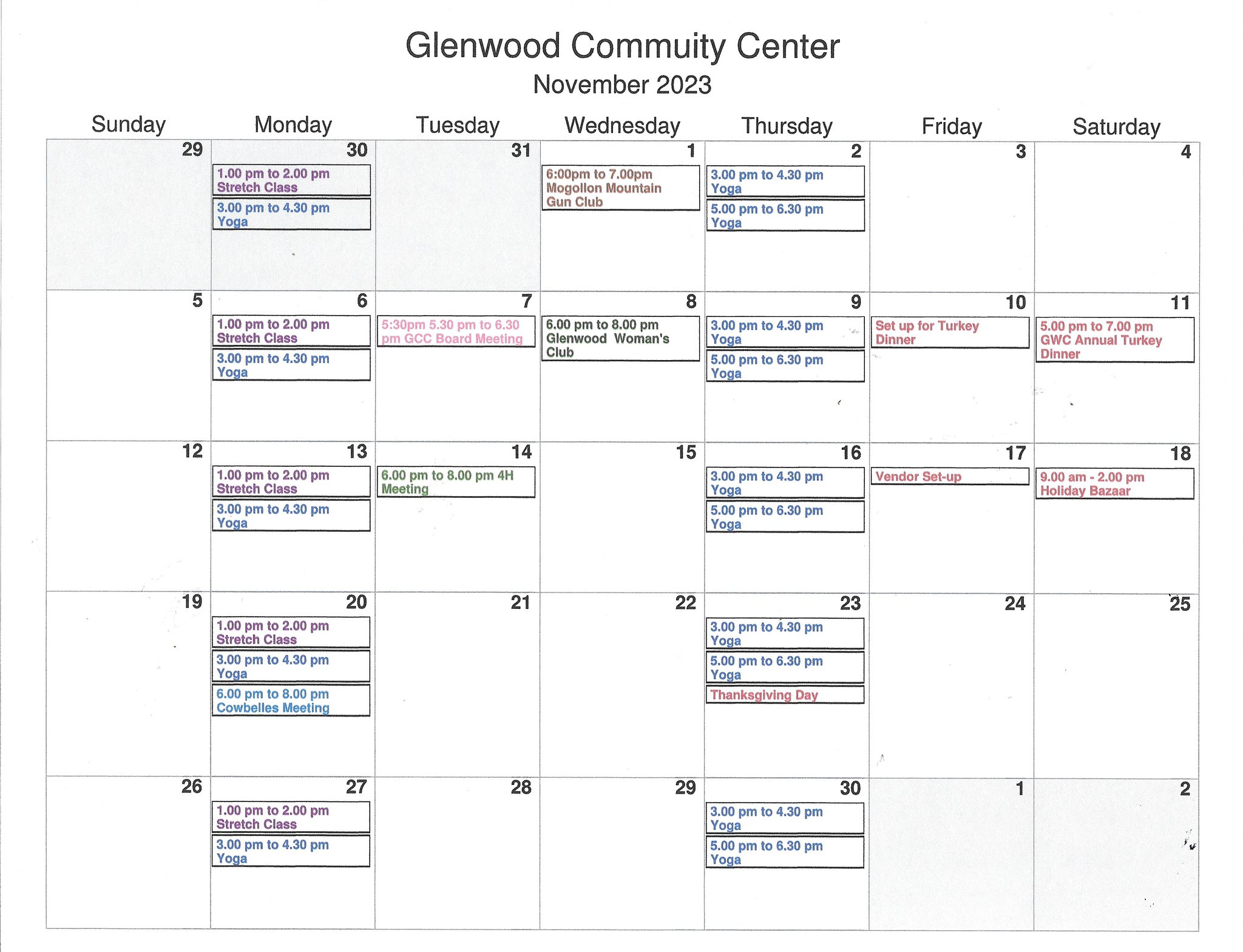 Community Center Calendar